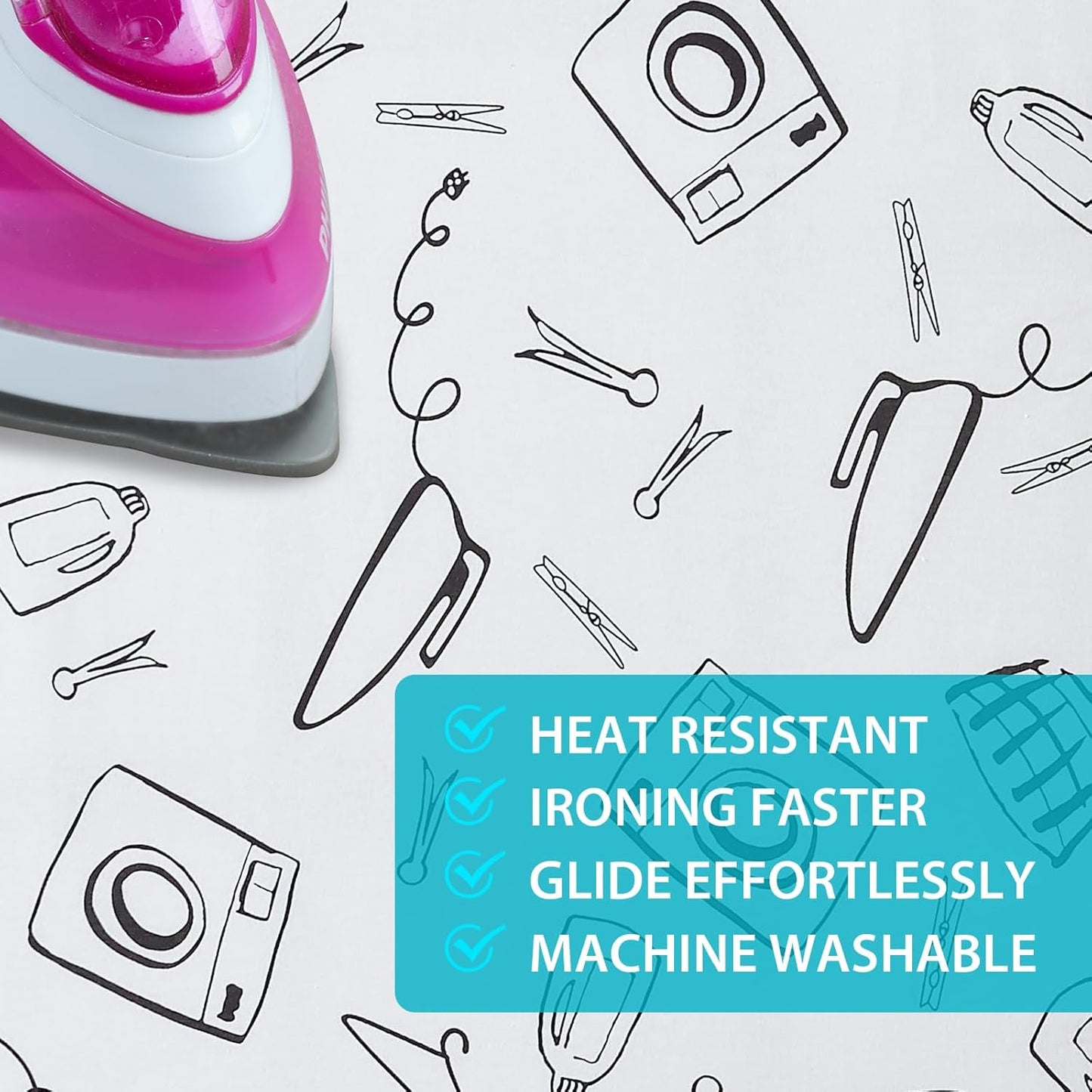 Extra Wide Ironing Board Cover and Pad 18 x 54 inch Heat Reflective with Hook and Loop Fasteners, Thick Padding with Elasticized Edges, 3 Layers Iron Board Cover (White)