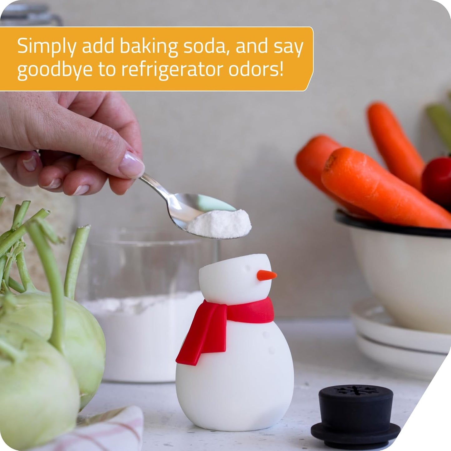 NEW - Peleg Design Freezy Fridge Deodorizer Odor Eliminator - Cute Snowman Baking Soda Container, Reusable Silicone Refrigerator Freshener, Fun Kitchen Gadget for Home Improvement