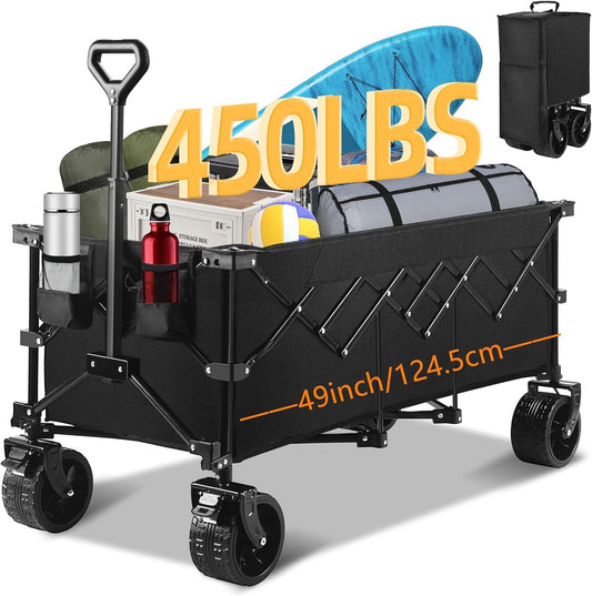 49''L Collapsible Foldable Extended Wagon with 450lbs Weight Capacity, Heavy Duty 300L Folding Utility Garden Cart with Big All-Terrain Beach Wheels & Drink Holders. Black