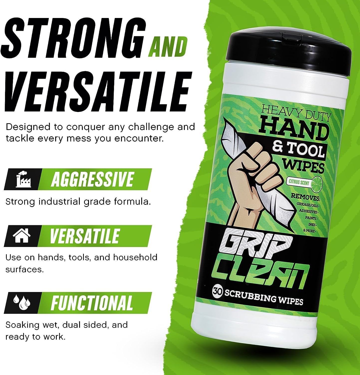 Grip Clean Heavy Duty Hand & Tool Cleaning Wipes – Waterless Hand Cleaner for Mechanics, Garage & Shop Use – Dual-Sided Grease, Oil & Paint Remover Wipes with Citrus Scent - 30ct (6 Pack)