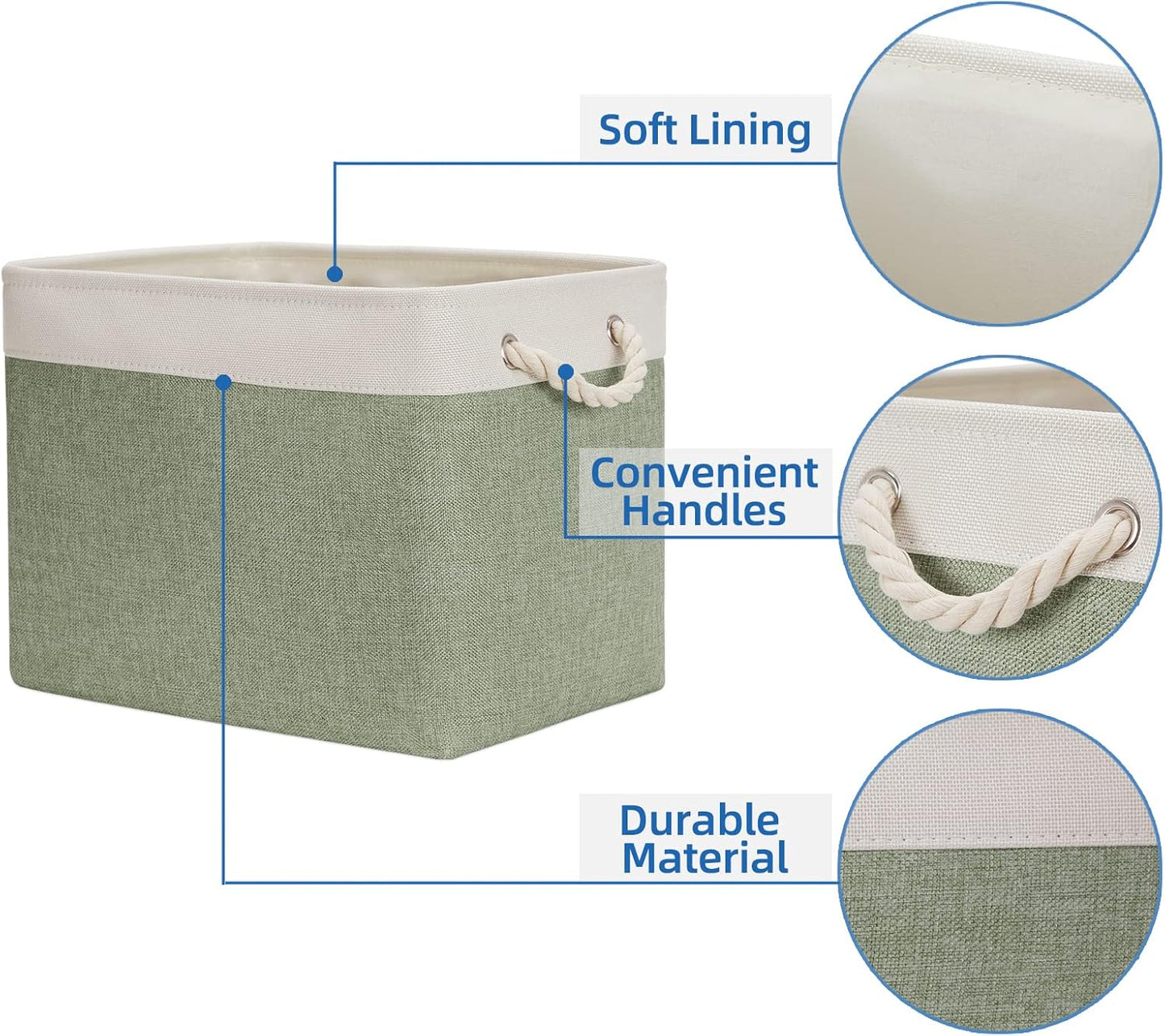 Temary Storage Baskets Fabric Storage Bins for Shelves, 2 Pack Decorative Storage Boxes Canvas Storage Basket with Handles for Organizing Clothes, Books(White&Green,16Lx12Wx12H Inches)