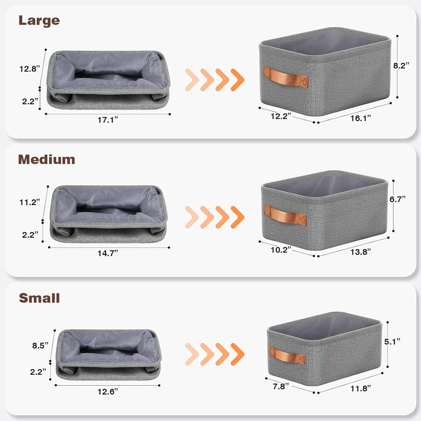 Large Storage Baskets for Shelves 3 Packs, Fabric Storage Bins for Shelves with Handles, 11.8'' L ×7.8'' W × 5.1'' H Collapsible Baskets for Organizing Clothes, Toy, Grey