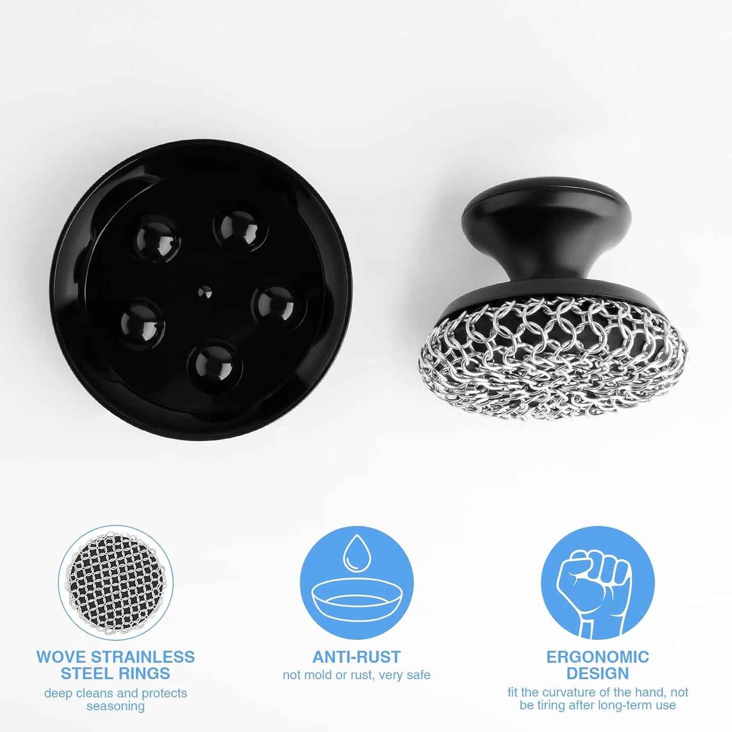 Cast Iron Scrubber Cleaner, Chainmail Scrubber for Cast Iron Pan Skillet, Dish Scouring Pad, Stainless Steel Brush/Scraper for Metal Skillet Scrubbing, Wok, Dutch Oven Cleaning Kit - Thick Mesh