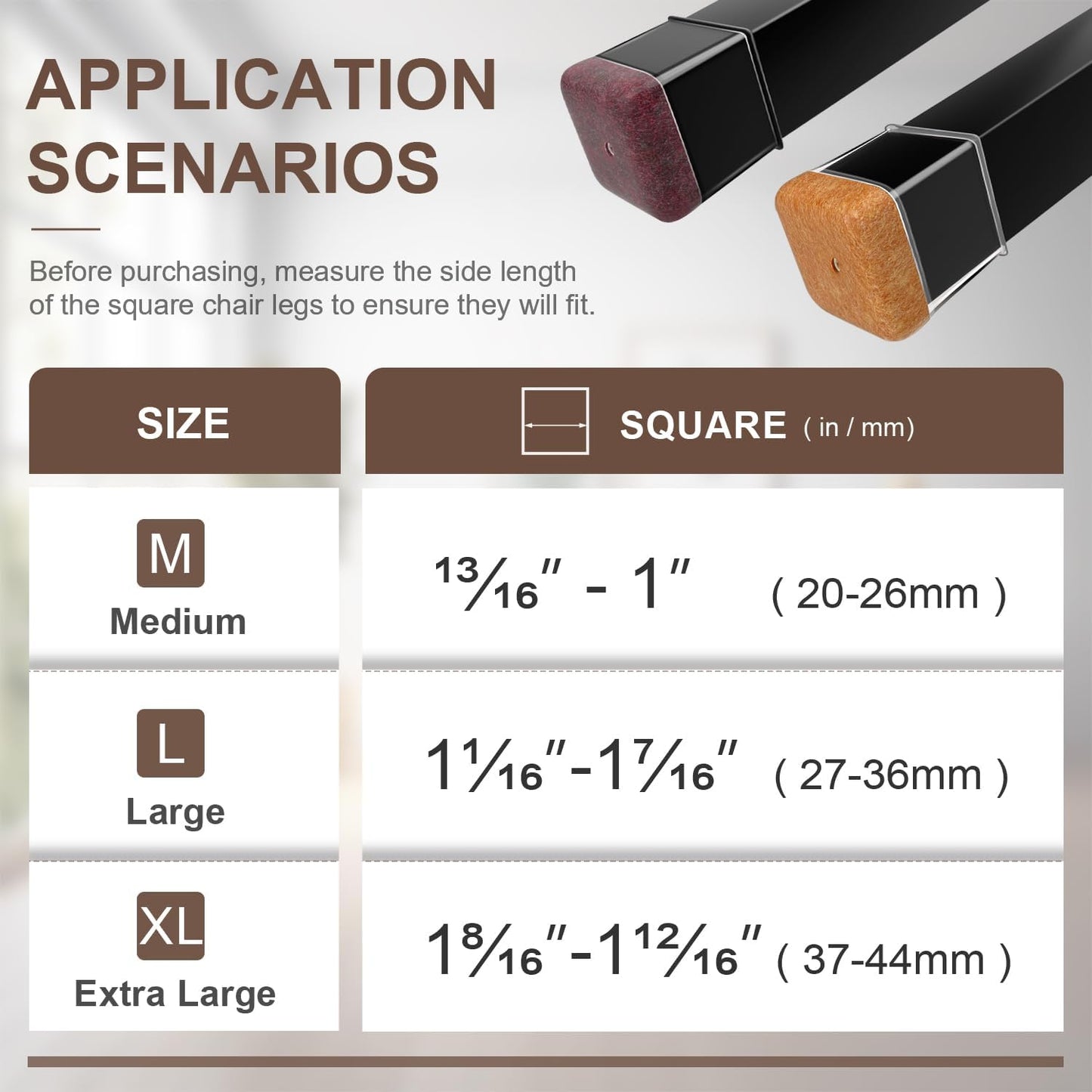 20 Pcs Chair Leg Floor Protectors for Hardwood Floors, Black Rubber Furniture Sliders with Felt, Silicone Furniture Leg Caps Covers (Fit Square Diameter:1.06" to 1.44")