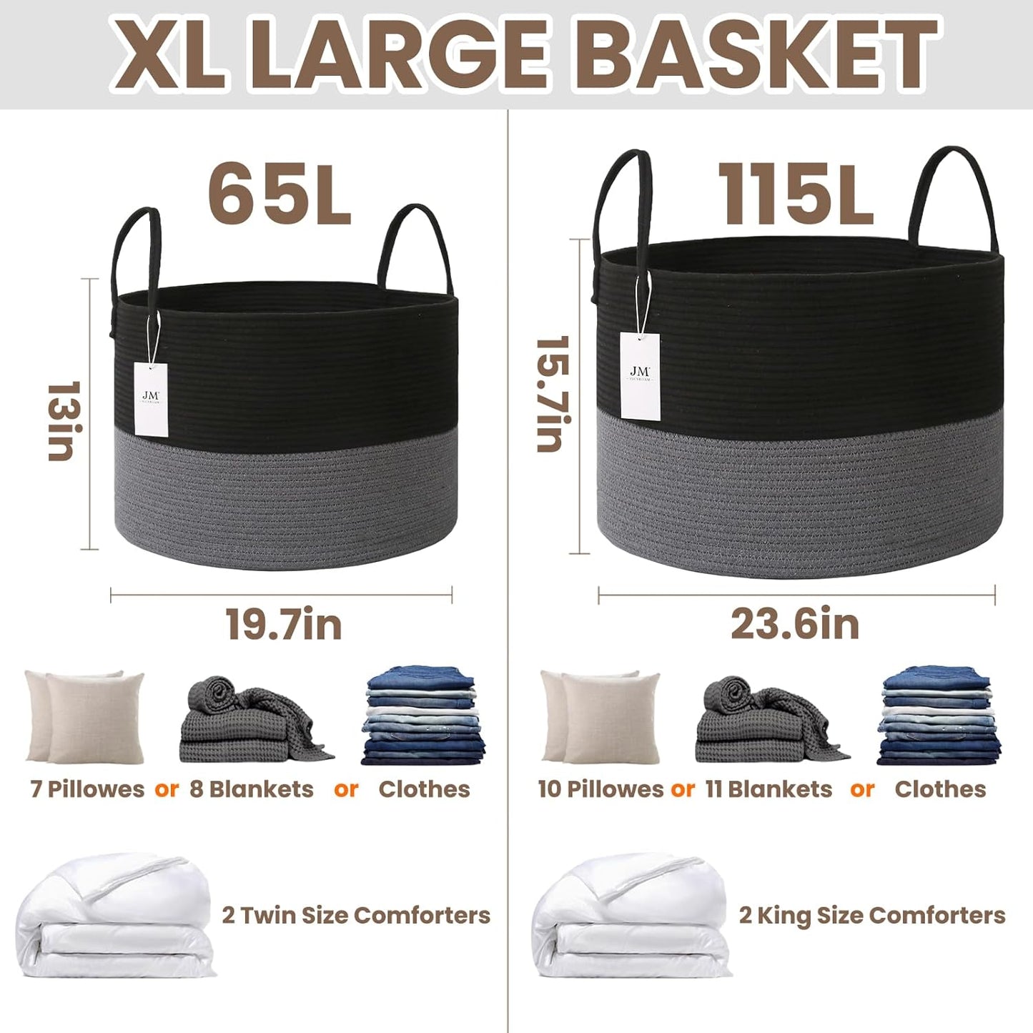 Woven Blanket Basket,65L Large Rope Storage Bin with Handles, Organizer for Blankets Toys Book and Clothes, Laundry Basket for Living Room Bedroom Nursery,Black&Grey