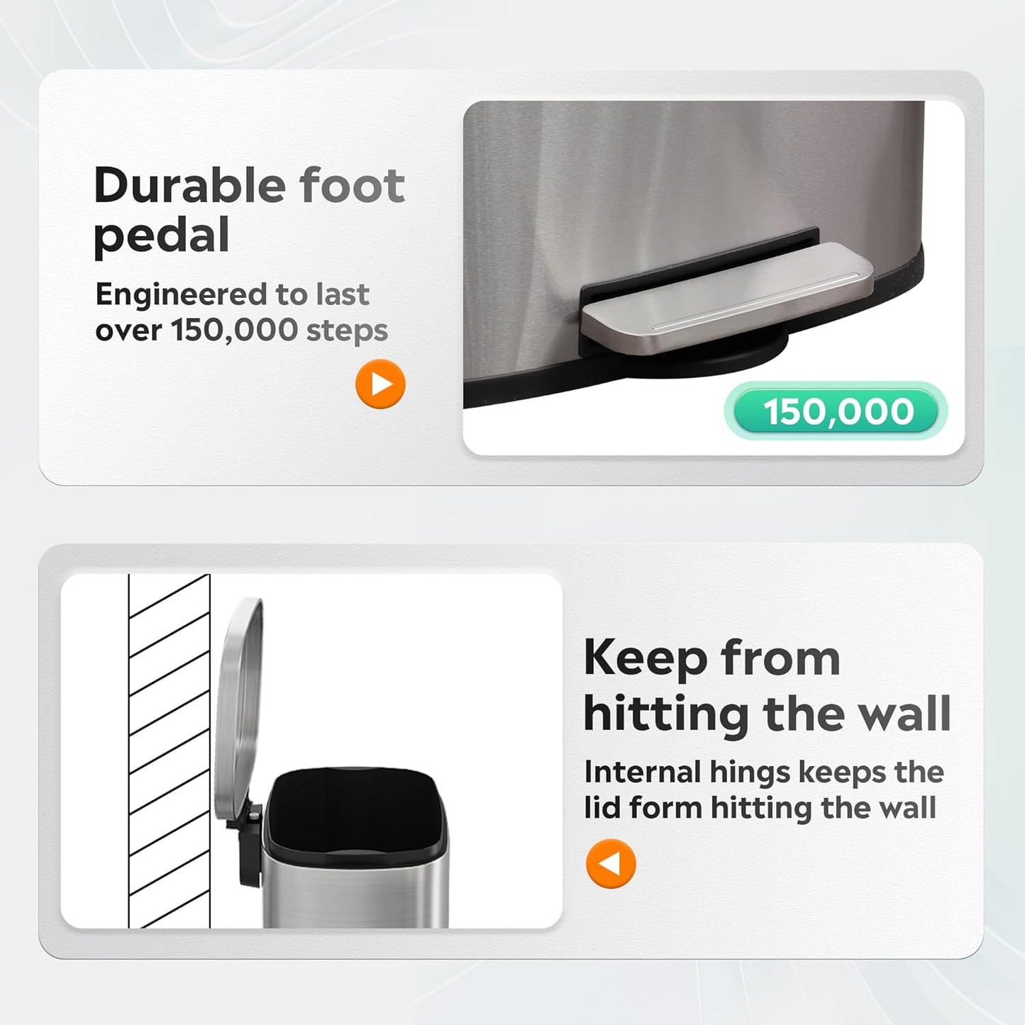 WLIVE 13 Gallon Stainless Steel Trash Can with Inner Bucket, Kitchen Garbage Can with Lid, 50L Soft Close Step Trash Can with Metal Foot for Home, Kitchen, Laundry Room, Office, Silver