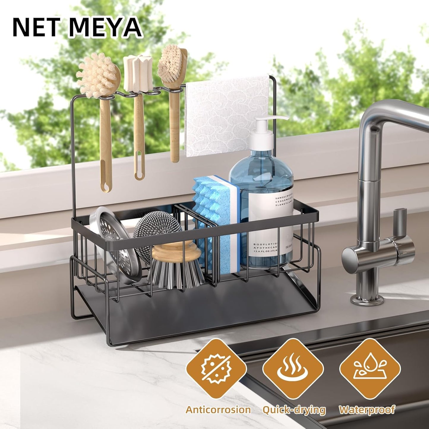NET MEYA Sponge Holder for Kitchen Sink,Stainless Steel Sink Caddy with Dish Brush Holder,Kitchen Sink Organizer Countertop Sink Holder,Dish Soap Holder for Kitchen Sink Organizer