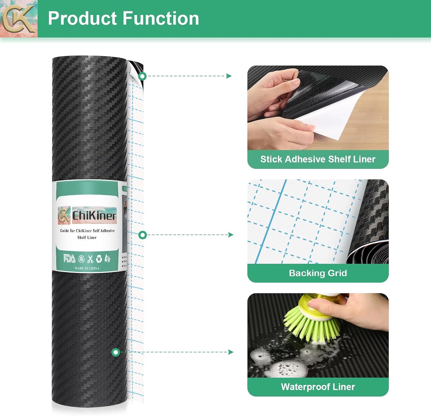 Self-Adhesive Shelf Liner Kitchen Liner, Waterproof Backed Paper Easy Peel and Stick Contact Liner Without Residue for Decor Your Desk Surface, Kitchen Countertops (Black, 17.5 x 236.2 inches)