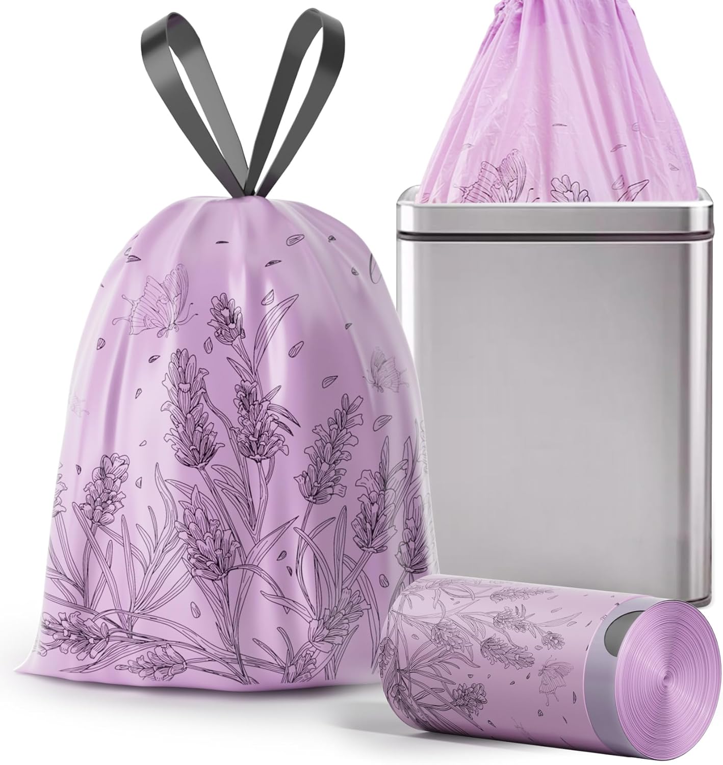 VOK 13 Gallon Trash Bags with Lavender Print & Drawstring, Tear-Resistant Tall Kitchen Garbage Bags, Heavy-Duty Kitchen Trash Bags for Home, 50 Counts