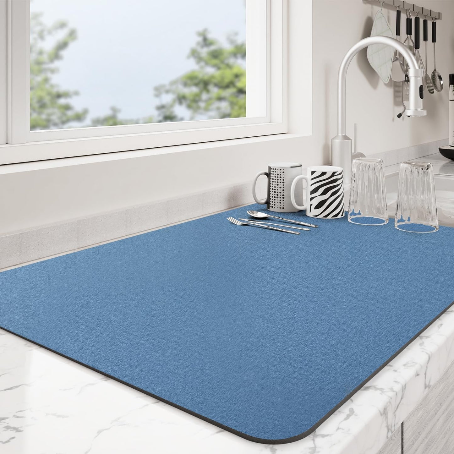 Dish Drying Mat for Kitchen Counter | Coffee Bar Mat for Countertops | Heat Resistant Drainer Mat with Non-slip Rubber Backed | Hide Stain Kitchen Absorbent Draining Mat | Blue 16"x20"