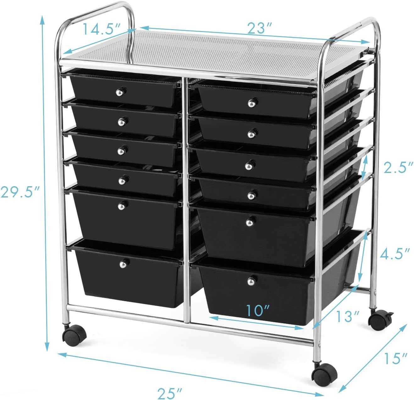 GOFLAME 12-Drawer Rolling Storage Cart, Multipurpose Organizer Cart with 2 Sizes Plastic Drawers, Mobile Utility Cart with Lockable Casters for School, Home Office, Beauty Salon, Black