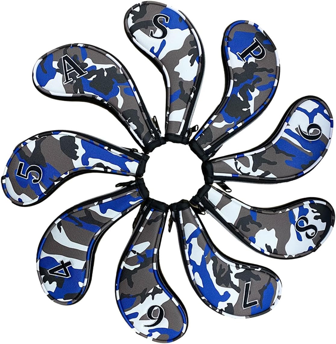 9pcs PU Leather Camouflage Blue Zipper Long Neck Design Golf Iron Headcovers Both Side Number Golf Iron Club Head Cover LH RH Covers #4-9,P,S,A