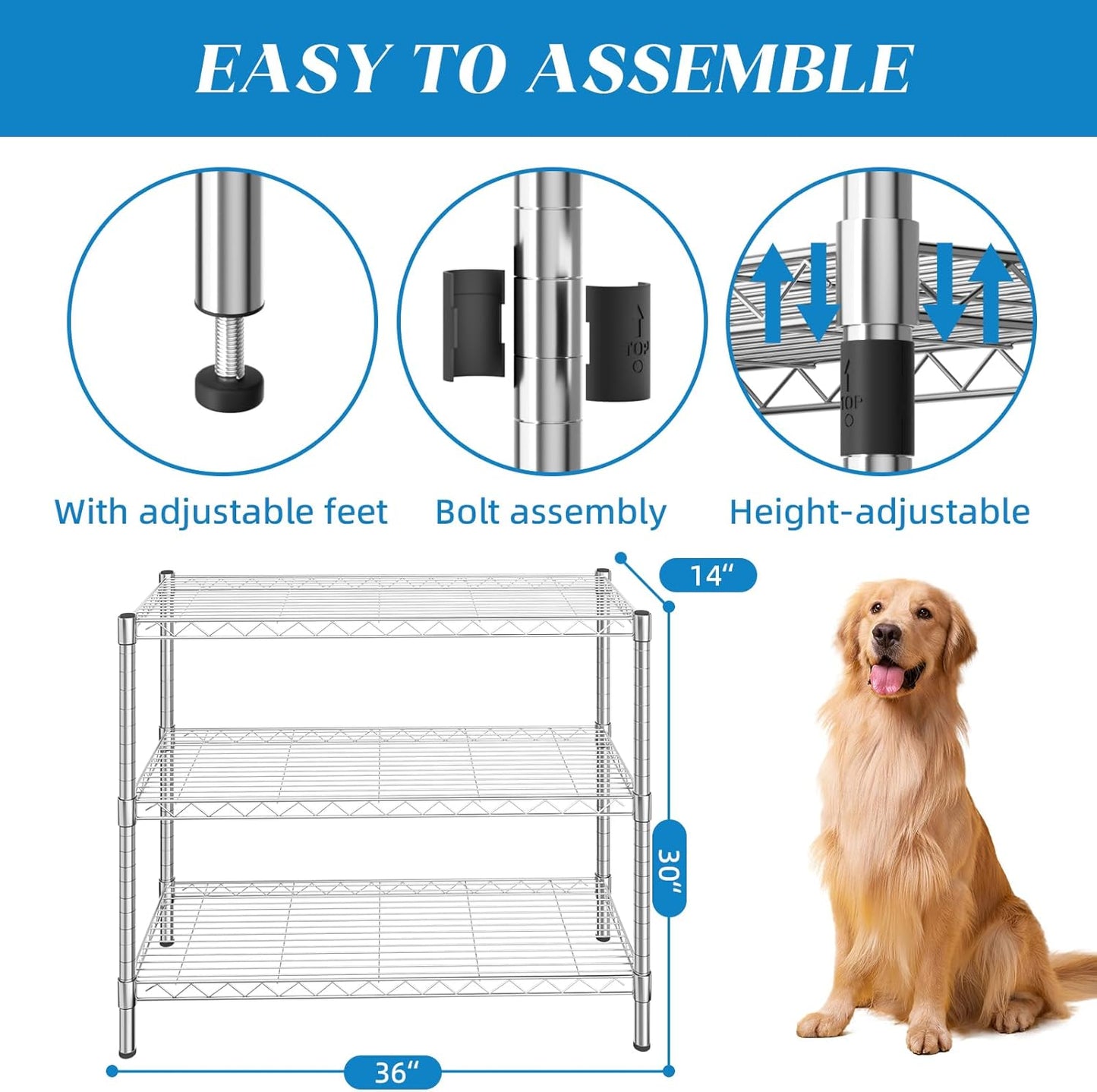 3-Shelf Adjustable Metal Shelf Wire Shelving Storage Rack for Office,Kitchen,Bedroom,Bathroom,Laundry,Pantry Basement,Garage(Chrome,36" L x 14" W x 30" H)