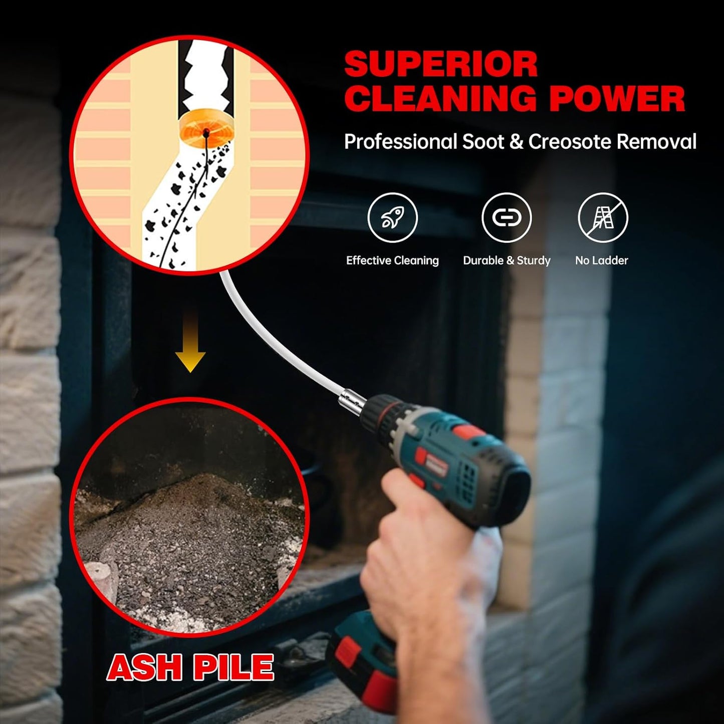 Chimney Sweep Kit - 46 Feet, Chrome Button Locking System, 14 Flexible Rods