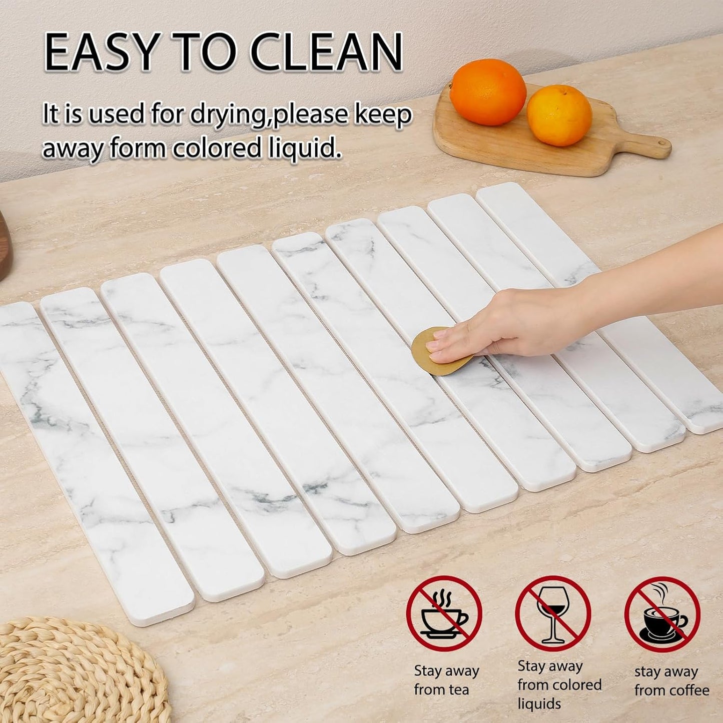 Stone Drying Mat for Kitchen Counter 24"×16" ,Large Dish Drying Mat with Drainage Grooves, Non-Slip Silicone Drying Mat, Absorbent Counter Protector for Dishes, Utensils