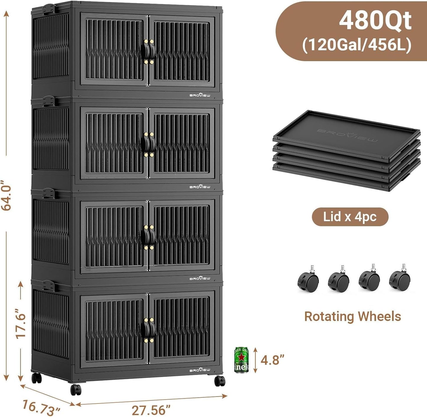 BROVIEW 480Qt Stackable Storage Bins with 4 Lids, Extra Large Closet Organizer Collapsible Drawer Boxes with Wheels, Folding Plastic Cabinet Containers for Home Kitchen Room Organization, 4Pack Black