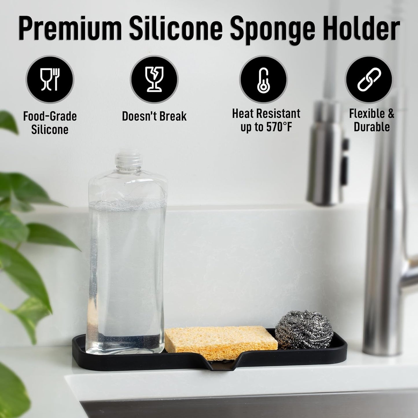 Zulay Large Silicone Sponge Holder (12x4) – Flexible Sink Organizer Tray for Kitchen & Bathroom – Multipurpose Soap Dish for Sponges, Makeup, Trinkets & More (Black)