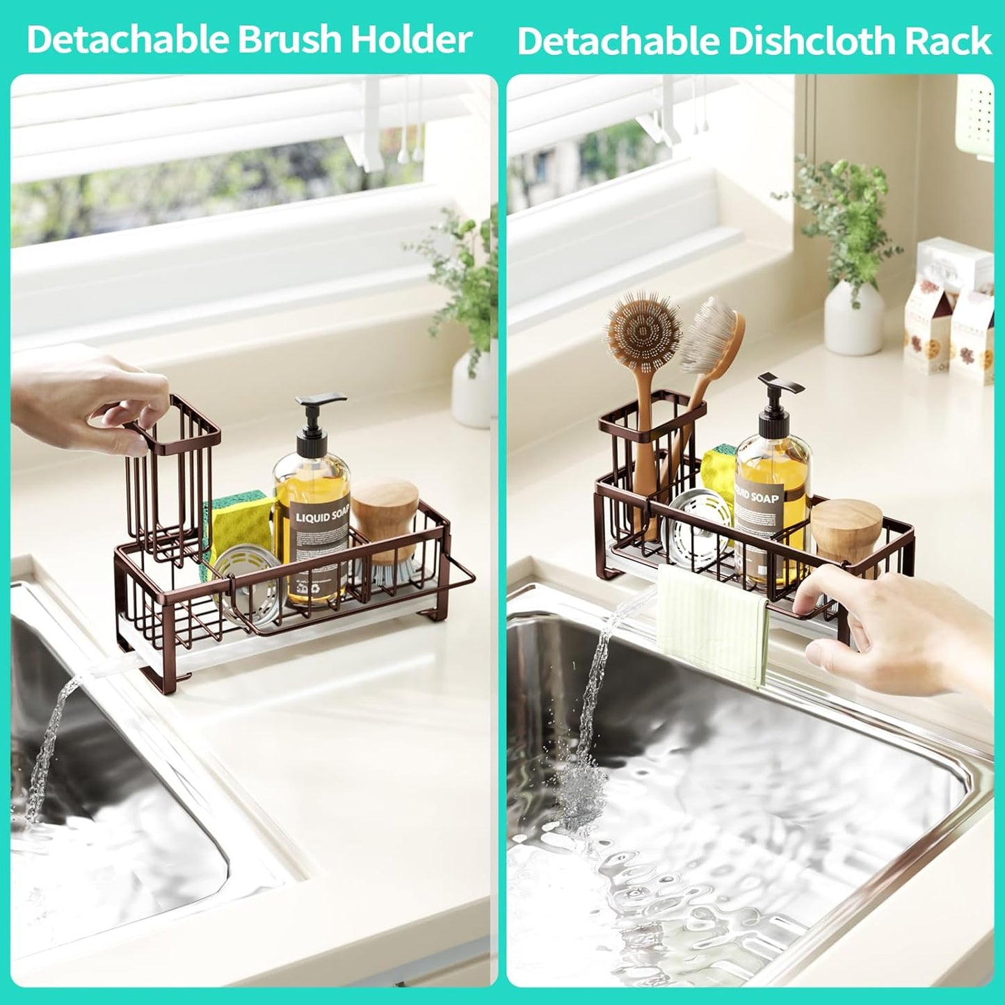 HapiRm Sponge Holder for Kitchen Sink - Self-draining Sink Caddy with Brush and Dishcloth Holders, Stainless Steel Kitchen Organizer for Countertop - Bronze