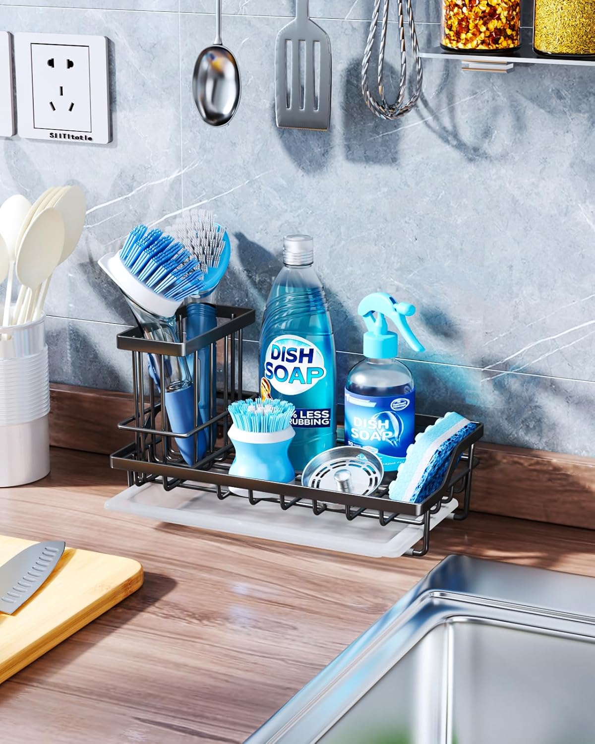 Consumest Sink Caddy, Kitchen Sponge Holder with Dish Brush Holder, Kitchen Sink Organizer with Drip Tray for Countertop Stainless Steel Rustproof, Black-Large