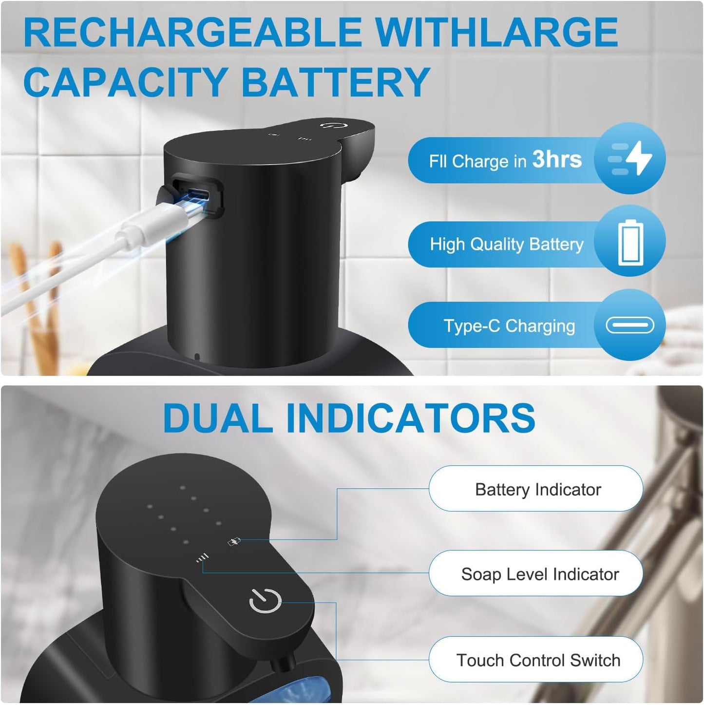 Automatic Liquid Soap Dispenser with 500ml /17oz Capacity, Touchless Soap Dispenser with 4 Level Adjustable, Rechargeable, Wall-Mounted, Waterproof for Kitchen, Bathroom, Hotel, Restaurant