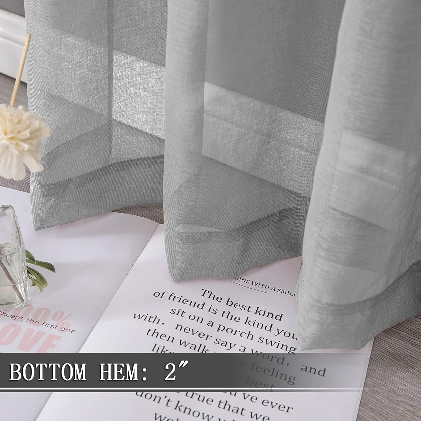 Tollpiz Short Sheer Curtain Linen Textured Living Room Curtains Sheer Light Filtering Rod Pocket Voile Curtain for Bedroom, 42 x 54 inches Long, Silver Grey, Set of 2 Panels