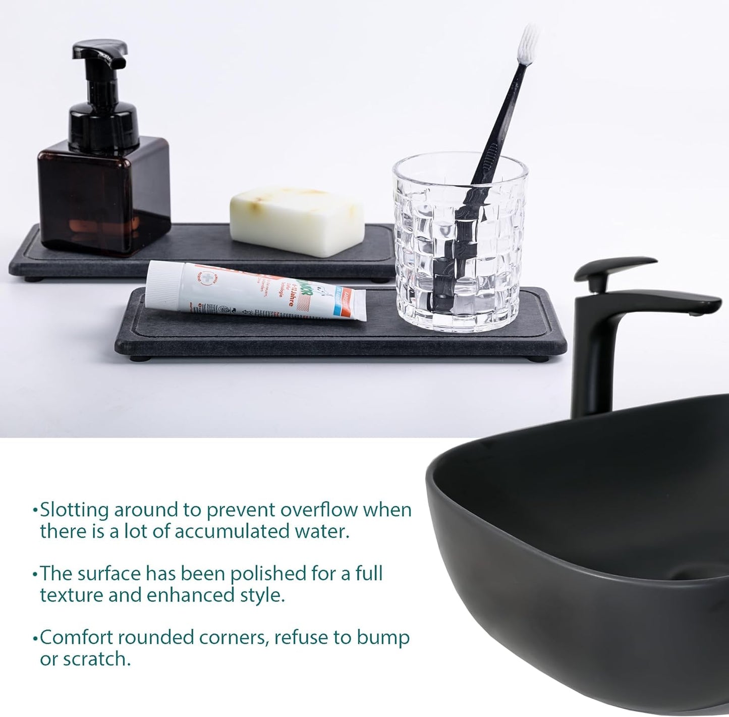 2 Pcs Water Absorbing Stone Trays, Kitchen/Bathroom Sink Soap Dish, Diatomite Tray Used for Hand Soap & Cosmetic Bottles in The Modern Home, 4" W x 10.2" L, Dark Gray