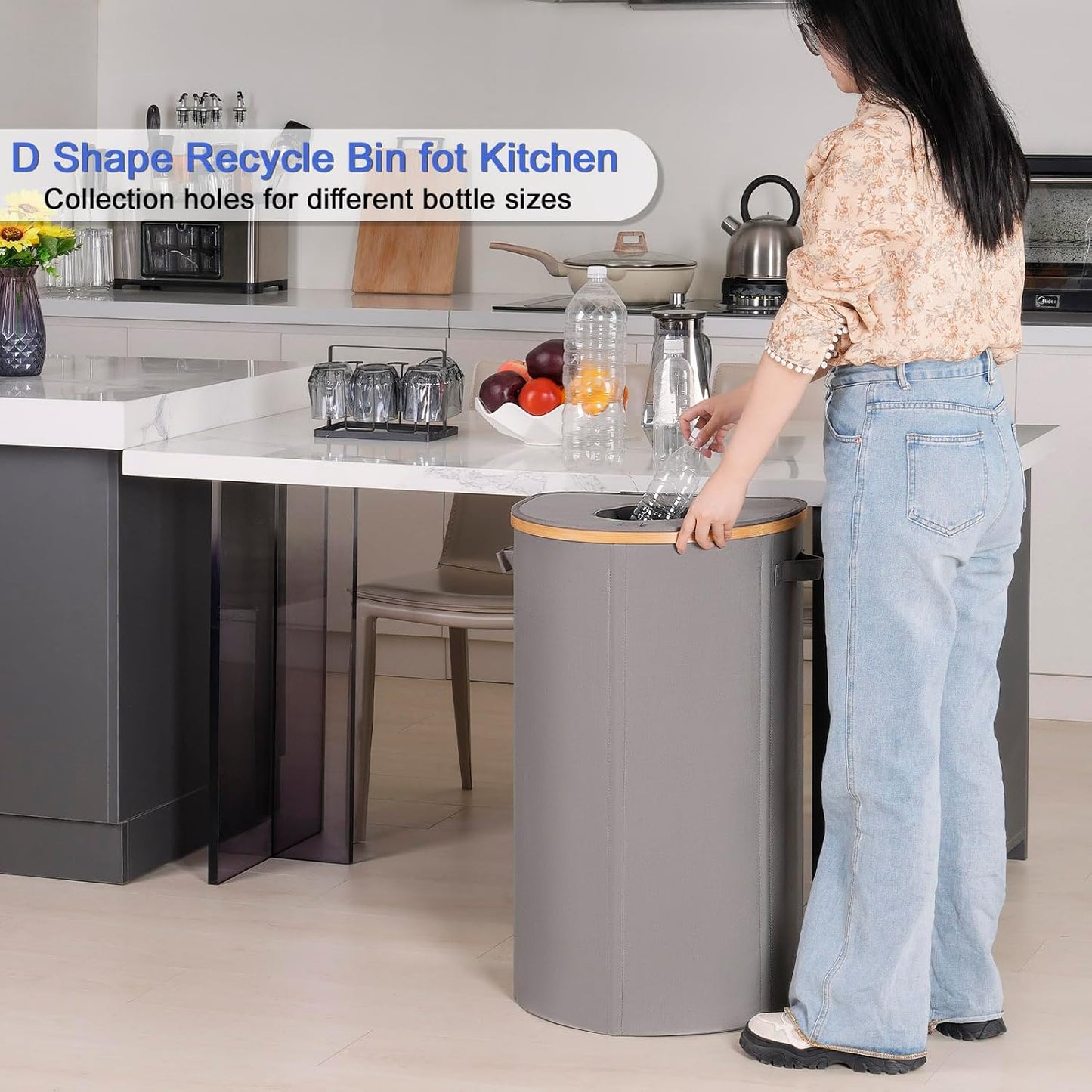 efluky Recycling Bin for Kitchen 100L, 26 Gallon Recycle Bins for Indoor Outdoor Home Use with 2 Removeable and Reusable Inner Bags, Tall Recycle bin for Bottle Can Plastice Stickers (Grey)