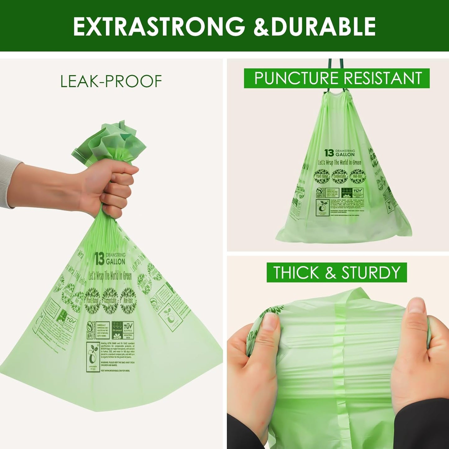10-13 Gallon Compostable Trash Bags with Drawstring, Heavy Duty Extra Thick 1 Mil, 49.21 Liter, Tear Resistant & Odorless Kitchen Food Scrap Waste Bag, US BPI and OK Compost Home Certified (30 Count)