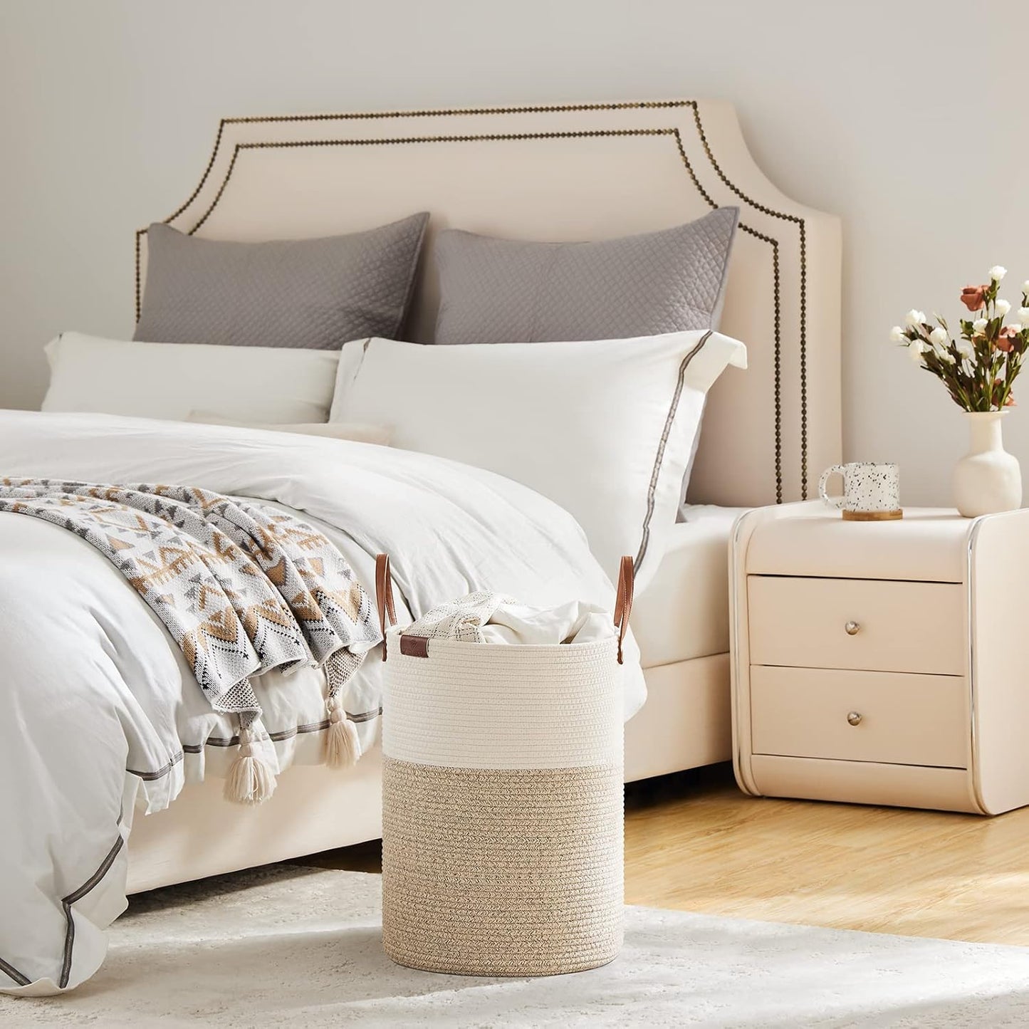 VIPOSCO Small Laundry Basket, Slim Baby Hamper with Leather Handle, Cute Woven Rope Storage Basket for Blanket, Kids Toy, Clothes In Living Room, Bathroom, Bedroom, Nursery Room - 30L White & Brown