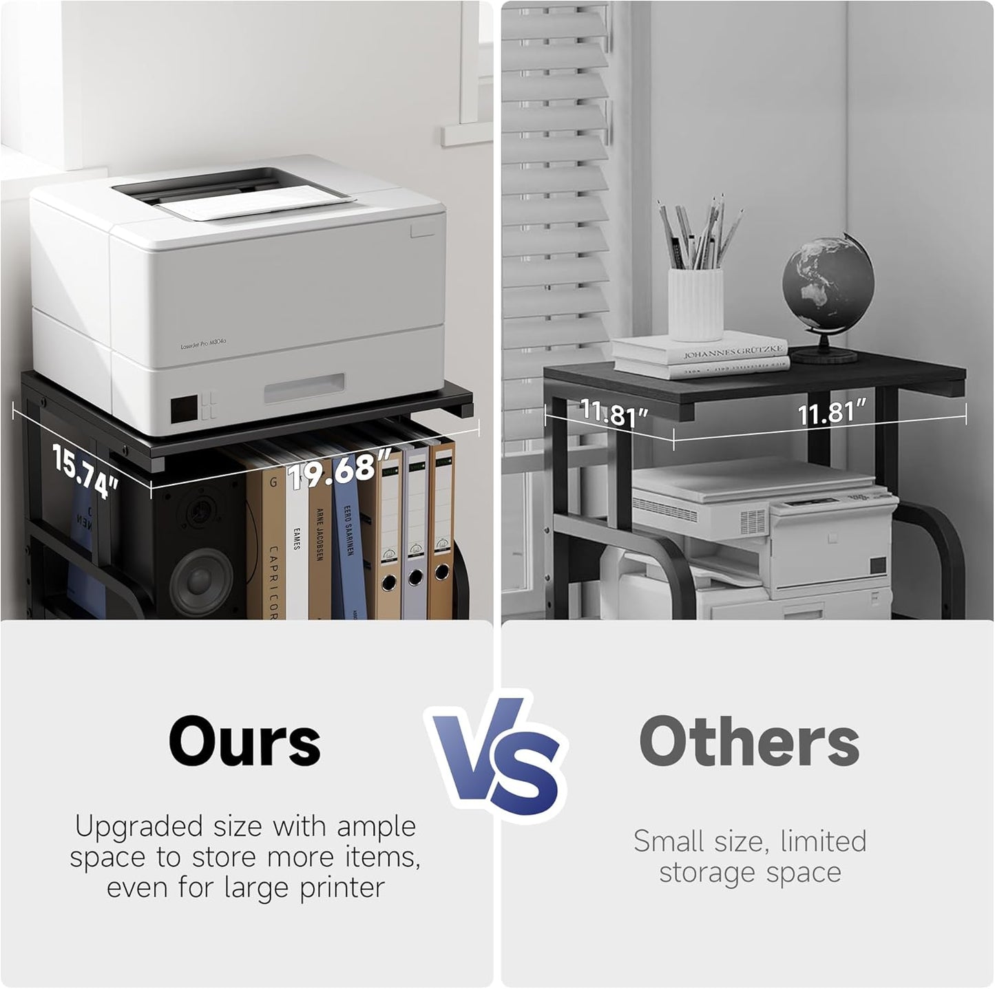 Printer Stand, 20×16×28'' Metal Printer Table with Wheels, 3 Tier Rolling Cart with Adjustable Storage Shelf, Space Saving 3D Printer Desk for Home Office, Mini Fridge & Heat Press Stand, Black