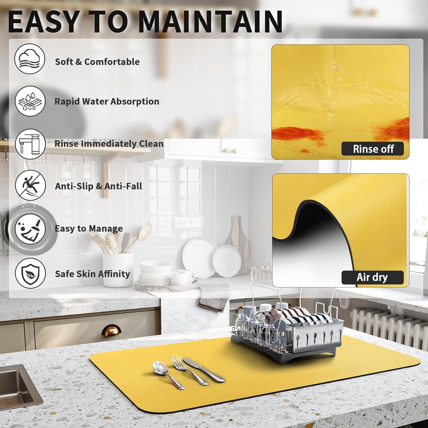 Dish Drying Mat for Kitchen Counter, Heat Resistant Drainer Mats with Non-slip Rubber Backed, Hide Stain Kitchen Super Absorbent Draining Mat, Easy to Clean Dish Rack Pad, Yellow 18"x28"