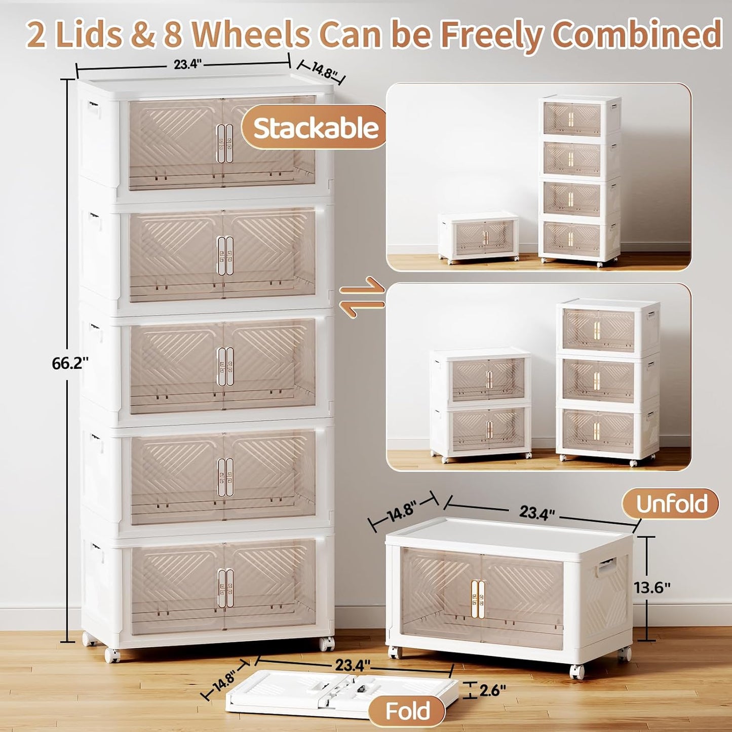 Storage Bins with Lid 76QT, Stackable Storage Containers with Wheels and Magnetic Doors, Plastic Clothes Closet Organizers and Storage Box for Pantry, Home and Office (5 Pack)