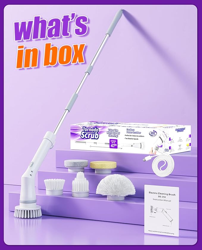 NBONEBS Electric Spin Scrubber, Cordless Shower Scrubber Rotary Floor Brushes & Pad Drivers with 6 Brush Heads - 2H Dual Speed, IPX7 Waterproof Extension Handle for Bathroom Tile Car Cleaning (White)