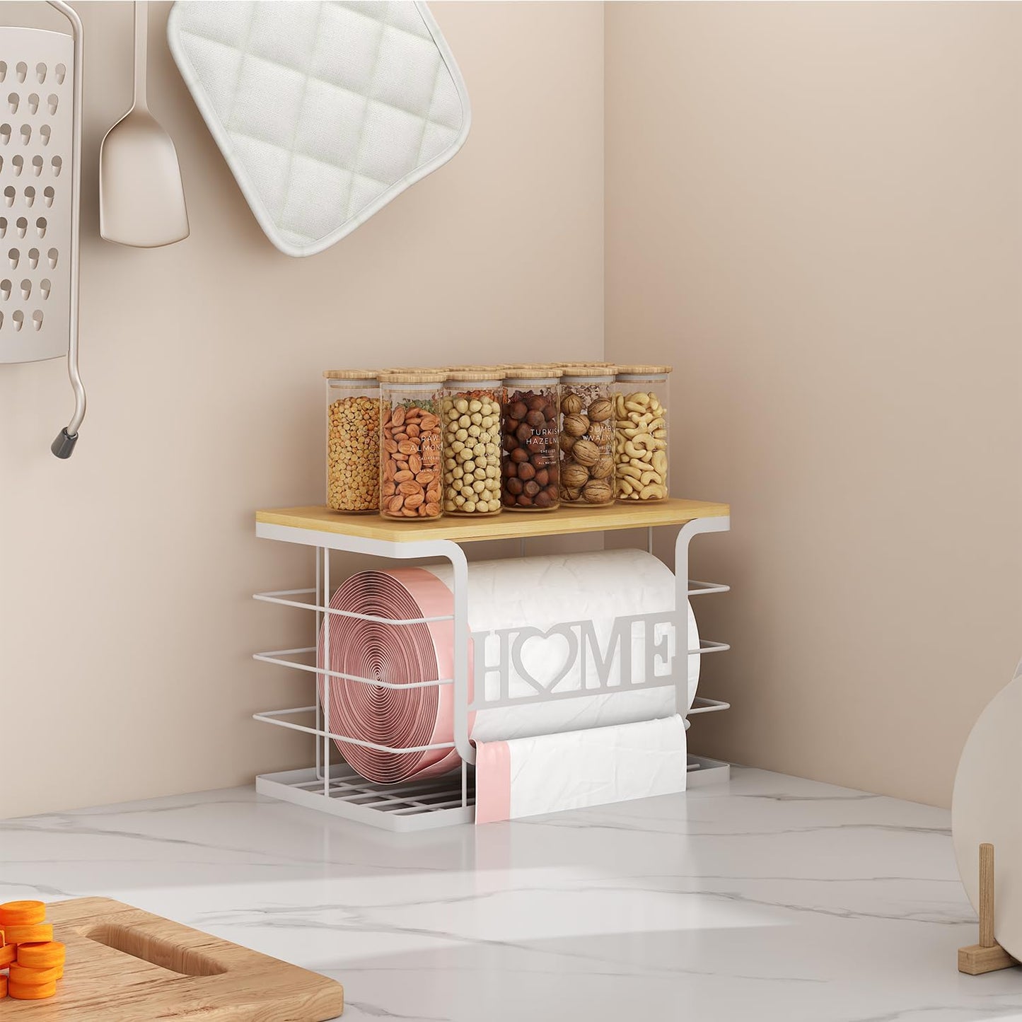 Trash Bag Holder, Thipoten Trash Bags Dispenser with Bamboo Top, Suitable for Garbage Bags Purchased Online or Supermarket, Perfect Storage Organizers for Cabinet, Under Sink (White, Large)