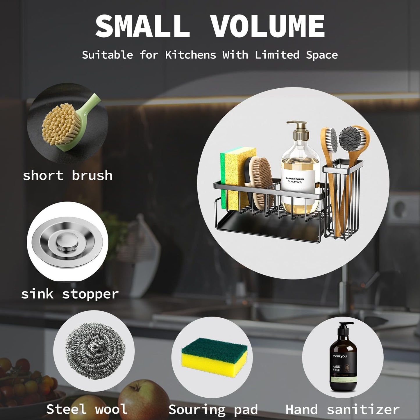 Sponge Holder & Sink Caddy Organizer - Rustproof Kitchen Sink Organizer with High Brush Holder - Kitchen Essentials Countertop Storage Organization (Black)