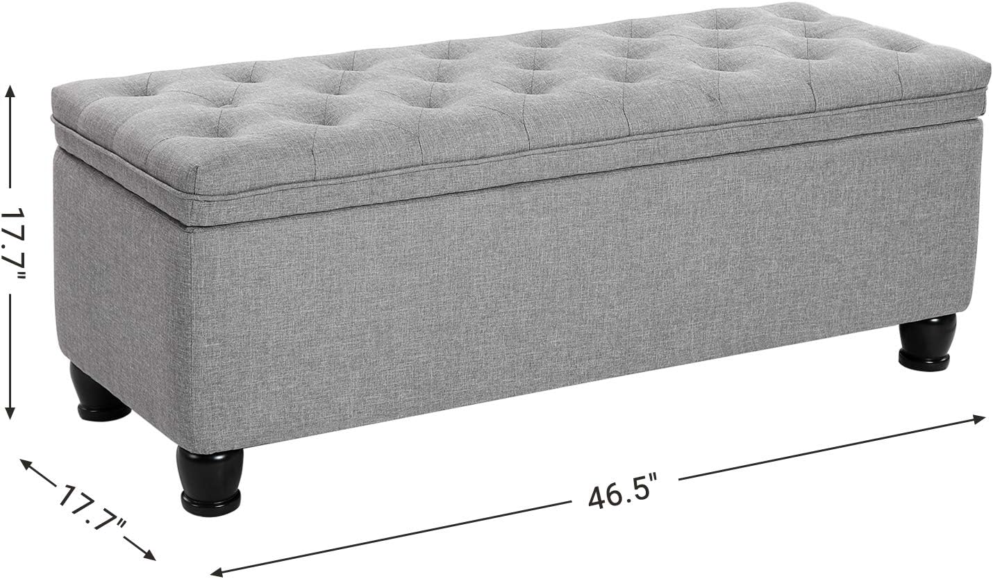SONGMICS Storage Ottoman, Storage Bench, Tufted Entryway Bedroom Bench, 17.7 x 46.5 x 17.7 Inches, Hinges Easy Lid Operation, Wooden Legs, Linen-Look Cover, Loads 330 lb, Light Gray ULOM070G02