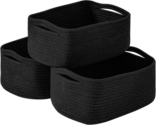 Small Black Baskets for Organizing, Storage Baskets for Shelves, Small Woven Cotton Rope Basket for Storage, Basket for Gifts Empty, 13"×8.5"×5.1" (3 Packs) Black