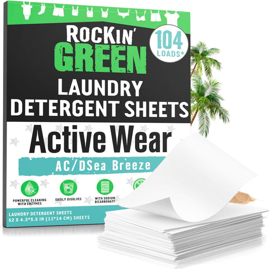 Rockin' Green Active Wear Travel Laundry Detergent Sheets - Mess-Free Laundry Sheet Detergent with Sodium Bicarbonate - Easily Dissolvable Laundry Soap Sheets (104 Loads, AC/DSea Breeze)