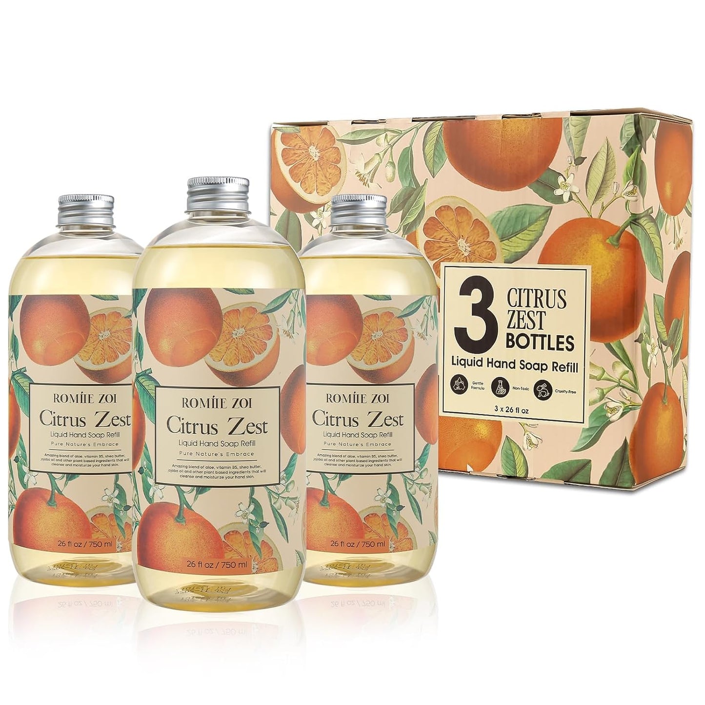 ROMIIE ZOI Liquid Hand Soap Refill Gift Set – 3 Pack (26 Fl Oz Each), Citrus Zest Scent – Moisturizing, Biodegradable & Cruelty-Free Formula with Essential Oils for Sensitive Skin