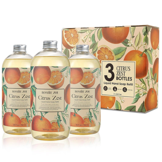 ROMIIE ZOI Liquid Hand Soap Refill Gift Set – 3 Pack (26 Fl Oz Each), Citrus Zest Scent – Moisturizing, Biodegradable & Cruelty-Free Formula with Essential Oils for Sensitive Skin