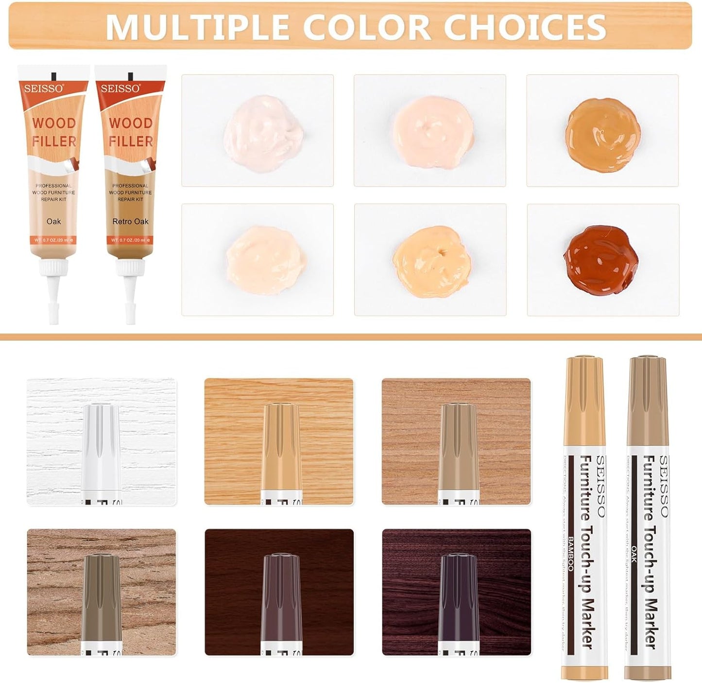 Wood Furniture Repair Kit - 6 Oak Color Wood Fillers with 6 Touch Up Markers and Wood Polish Wax for Wooden Stains, Scratch Repair, Cracks, Perfect for Laminate, Cabinet, Tables, Oak, Walnut