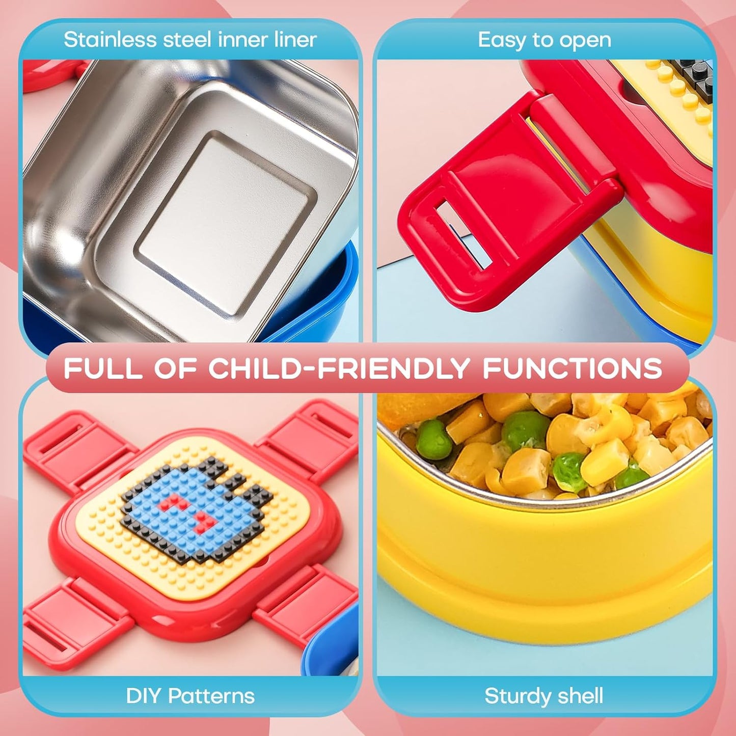 Lunch Box for Kids- Stainless Steel, Microwave Safe DIY Double Layer Leak-Proof Stackable Bento Container(19.5 oz)