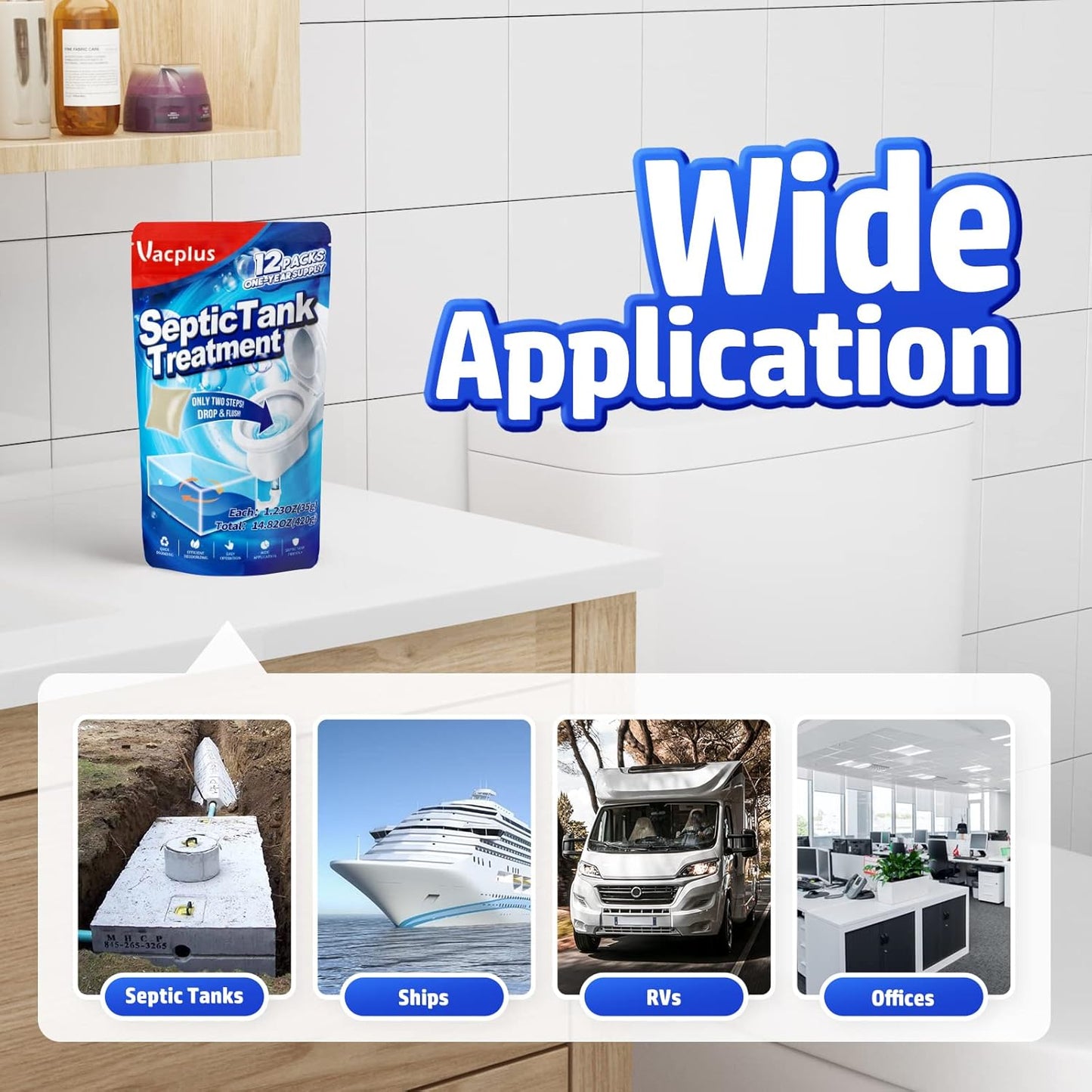 Vacplus Septic Tank Treatment 12 Pcs for 1-Year Supply, Dissolvable Packs with Easy Operation, Durable Biodegradable Enzymes for Wastes, Greases & Odors, Brown, 3x Efficiency