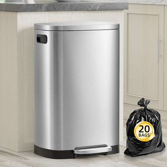 13 Gallon Trash Can with Lid, 50L Fingerprint Proof Stainless Steel Kitchen Trash Can with Removable Inner Bucket and Lid Soft Close, Pedal Rubbish Bin for Home Office