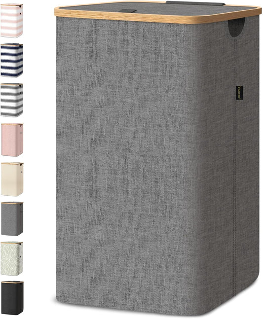BALEINE Laundry Hamper with Lid, Tall Laundry Baskets with Bamboo Pull Handles, Large Laundry Bin with Internal Support (18 Gal/70L, Grey)