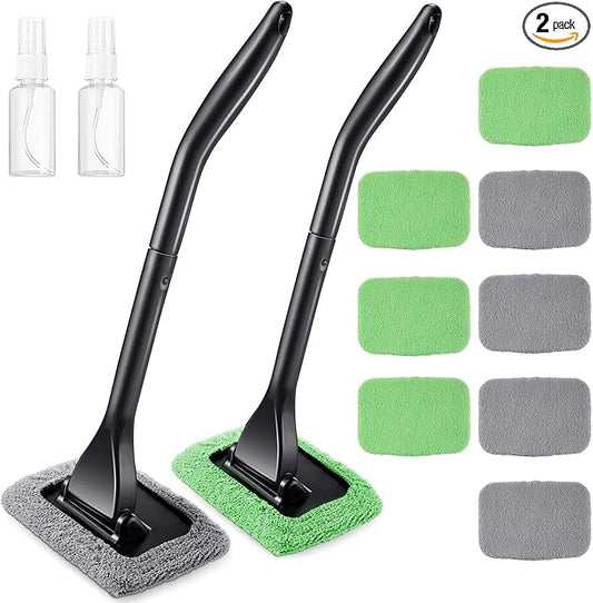 Frienda 2 Set Windshield Cleaner Tool Inside Car Windshield Cleaning Wand Auto Window Cleaner with Detachable Handle, 8 Reusable Microfiber Pads and 2 Spray Bottles for Car Interior(Gray, Green)
