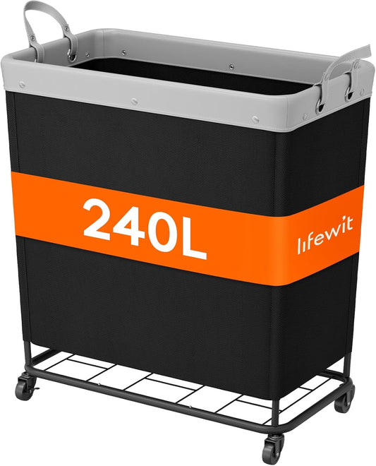 Lifewit 240L Laundry Basket with Wheels, Large Heavy Duty Commercial Rolling Laundry Hamper with Handles, Tall Steel Frame Laundry Cart for Laundry Room Bedroom Hotel Home Dorm, Black