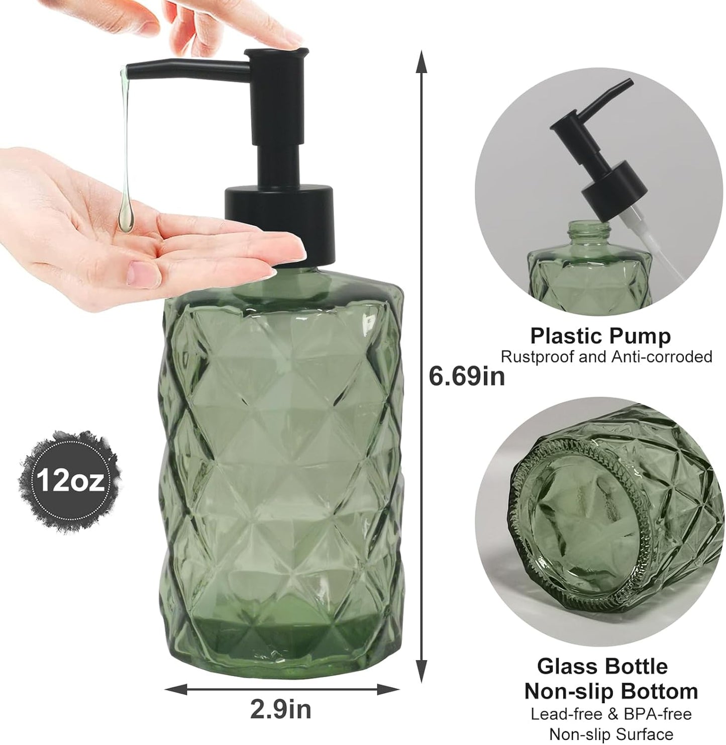 Green Glass Soap Dispenser, 12oz Bathroom Hand Dispenser, Lotion Dispenser with Black Plastic Pump for Modern Home Decor, Kitchen Countertop, Hotel