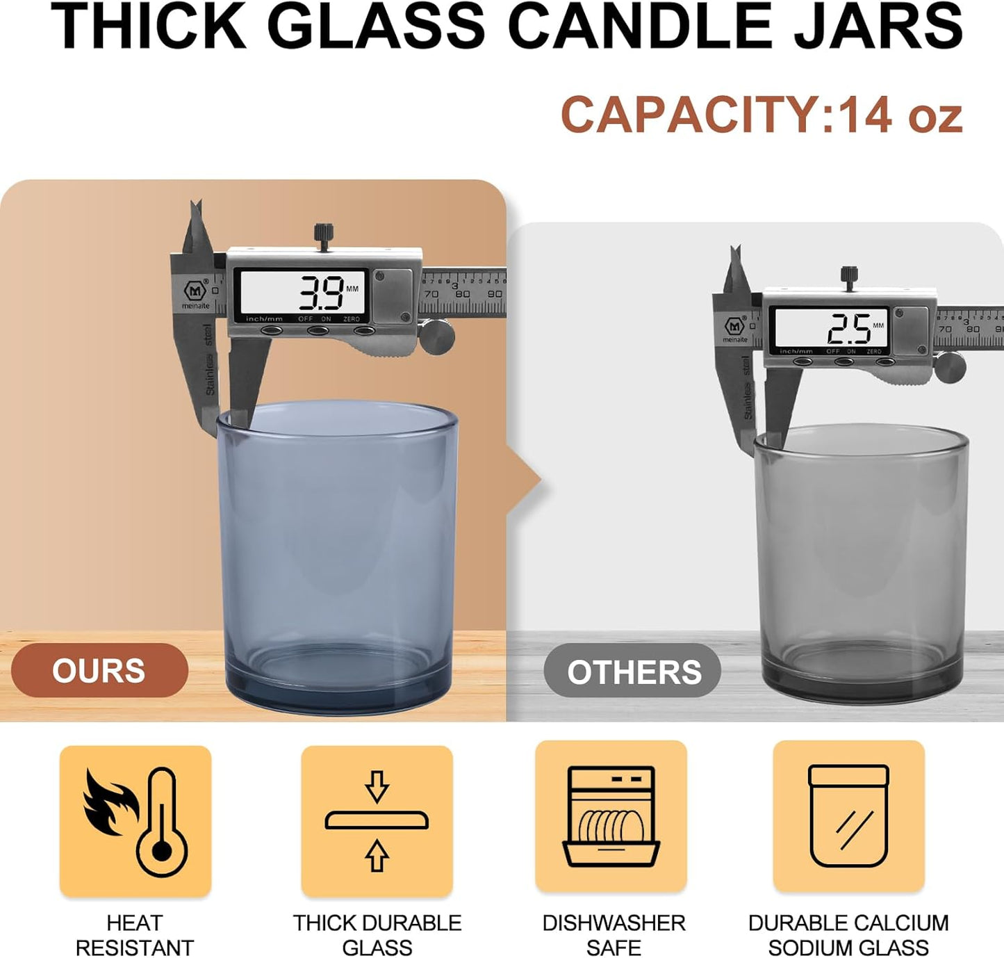 14 OZ Thick Candle Jars for Making Candles 12 Pcs, 3 Wick Empty Jars with Wood Lids for Candle Making, Sample Container,Clear Grey