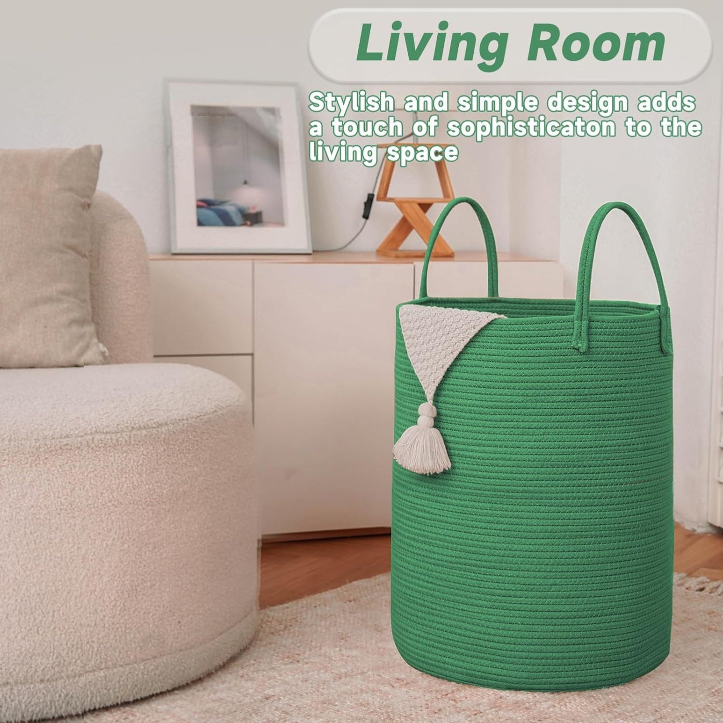 Large Woven Laundry Basket Hamper,100L Cotton Rope Storage Bin for Blankets,Toys and Clothes,Decorative Tall Nursery Hamper for Living Room,Baby Nursery,Bathroom and Bedroom,Dark Green